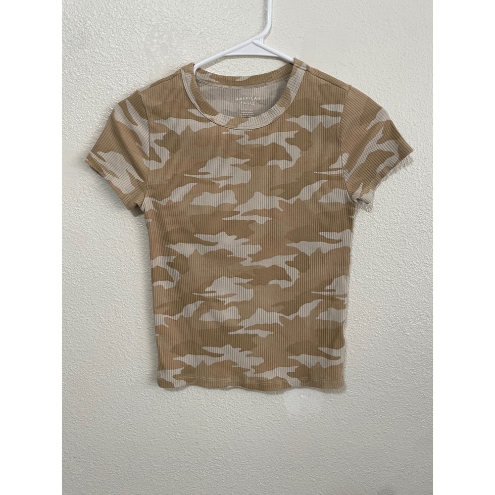 American Eagle T-Shirt Women XS Tan Excellent Camo Ribbed Baby Tee Crew Neck